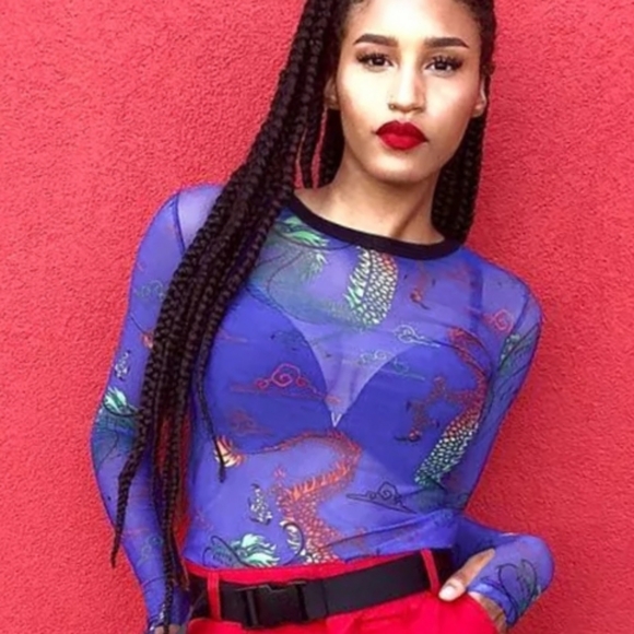 Mesh Dragon Long Sleeve Print 90s y2k style Top - Picture 7 of 14
